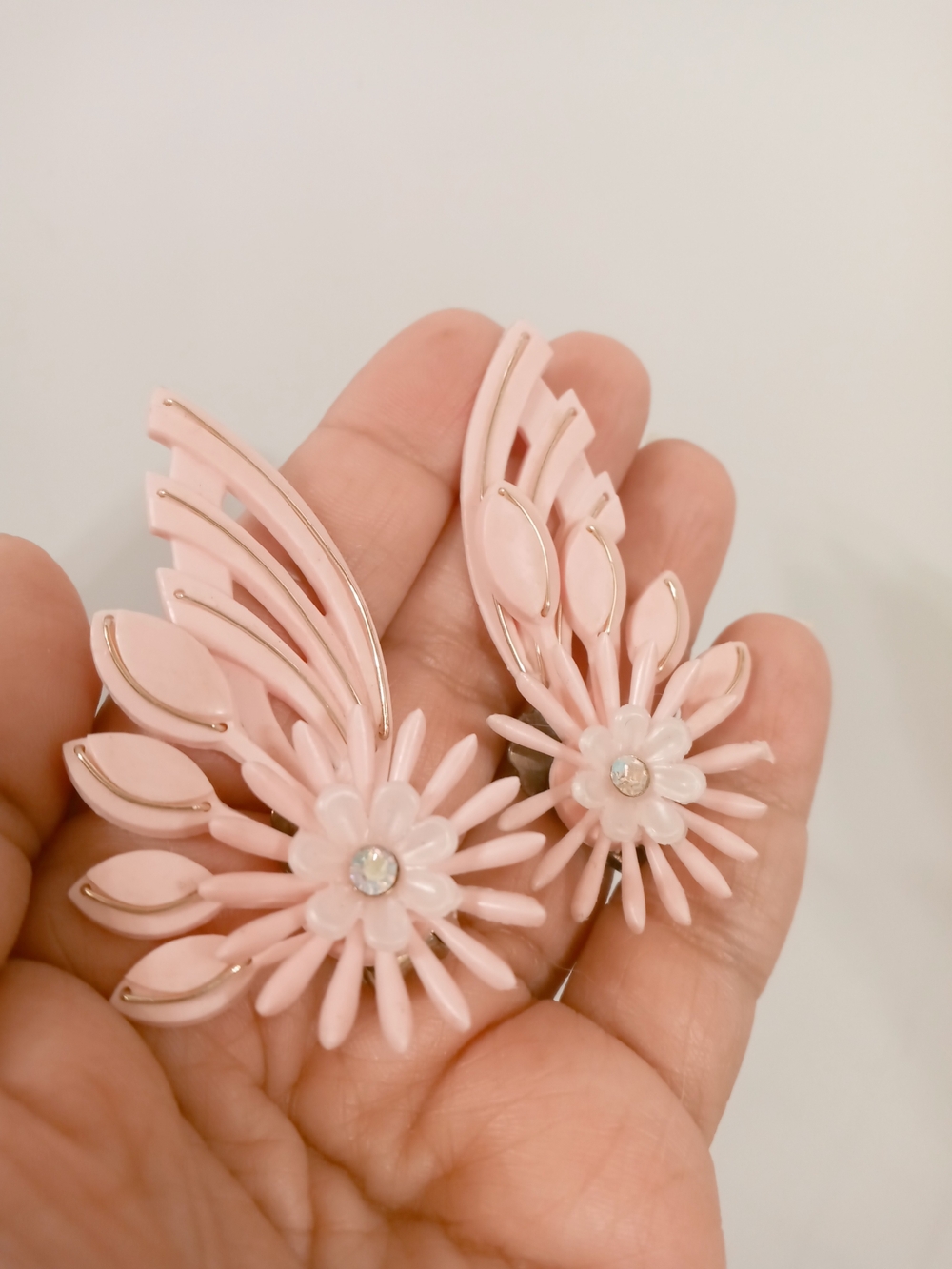 Vintage Delicate Pink Floral  Earrings with Crystal Center